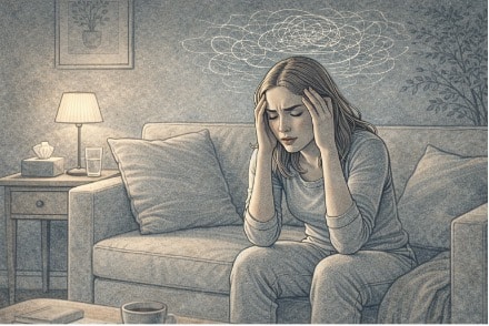 Young woman on a couch with hands pressed to her temples, showing the intensity of an anxious thought spiral.