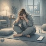 Person with bipolar disorder sitting with head in hands, visibly overwhelmed by intense bipolar anger during a mood episode at home.
