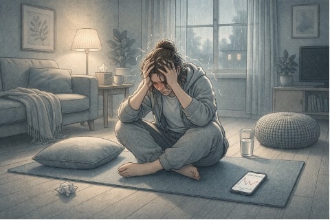 Person with bipolar disorder sitting with head in hands, visibly overwhelmed by intense bipolar anger during a mood episode at home.