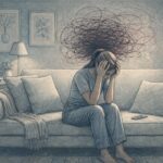 Person with borderline personality disorder sitting alone on a couch, visibly overwhelmed, holding their head in their hands during an emotional spiral.