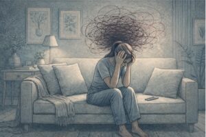 Person with borderline personality disorder sitting alone on a couch, visibly overwhelmed, holding their head in their hands during an emotional spiral.