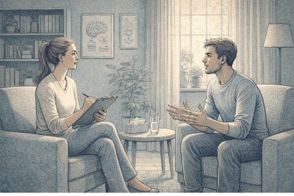 Therapist and patient discussing emotional patterns during a chronic anger therapy session in a calm office.