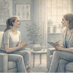 Person sitting with a therapist in a calm therapy room during a bulimia relapse prevention session.