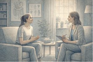 Person sitting with a therapist in a calm therapy room during a bulimia relapse prevention session.