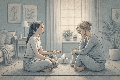 Two people sitting across from each other in a calm setting, one speaking with a composed and empathetic expression while the other listens, reflecting a supportive conversation during emotional distress.
