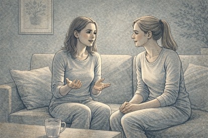 Two friends talking calmly on a couch, one listening attentively while the other shares feelings about anxiety.