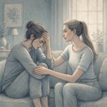 A person sitting close to a loved one on a couch, listening attentively with a calm and open expression, offering emotional support during a difficult moment related to BPD.