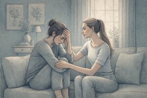 A person sitting close to a loved one on a couch, listening attentively with a calm and open expression, offering emotional support during a difficult moment related to BPD.