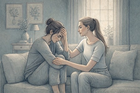 A person sitting close to a loved one on a couch, listening attentively with a calm and open expression, offering emotional support during a difficult moment related to BPD.
