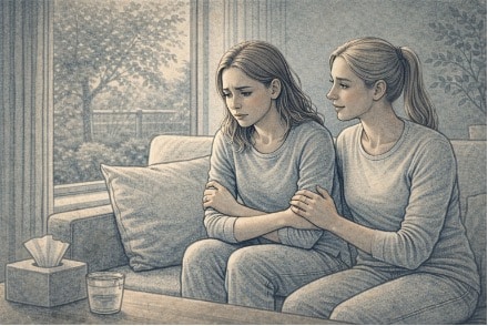 Person sitting indoors beside a concerned friend offering calm reassurance during agoraphobia-related anxiety.