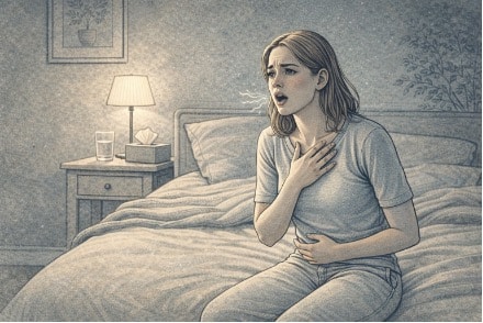 Young woman sitting on a bed with a hand on her chest during an anxiety hyperventilation episode at home.