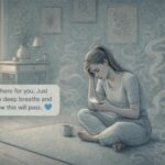 Person receiving a supportive text message on their phone while sitting alone, looking distressed, representing remote mental health support during a hallucination episode.