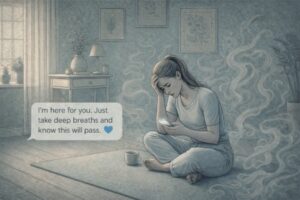 Person receiving a supportive text message on their phone while sitting alone, looking distressed, representing remote mental health support during a hallucination episode.