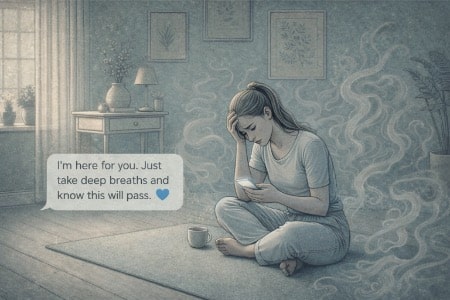 Person receiving a supportive text message on their phone while sitting alone, looking distressed, representing remote mental health support during a hallucination episode.