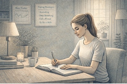 Woman writing in a journal at a quiet desk, practicing daily coping skills for bulimia relapse prevention.