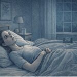 Adult lying awake in a darkened bedroom at night, staring at the ceiling with a restless, fatigued expression, representing the need to learn how to fix insomnia