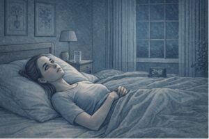 Adult lying awake in a darkened bedroom at night, staring at the ceiling with a restless, fatigued expression, representing the struggle of chronic insomnia.