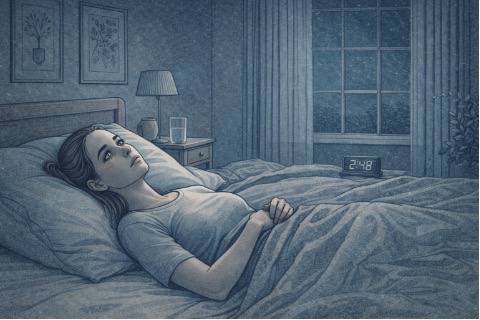 Adult lying awake in a darkened bedroom at night, staring at the ceiling with a restless, fatigued expression, representing the struggle of chronic insomnia.