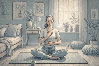 Woman practicing diaphragmatic breathing with hands on chest and stomach to calm anxiety-driven hyperventilation.
