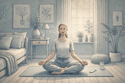Person practicing deep breathing on a yoga mat at home as a chronic anger management technique.