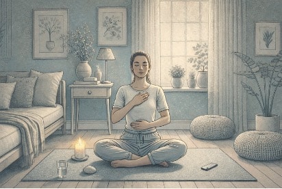 Person sitting on a yoga mat at home, practicing slow breathing exercises to manage emotional distress and interrupt a BPD spiral using grounding techniques.