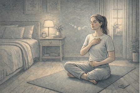 A person practicing deep breathing exercises on a yoga mat in a softly lit bedroom, actively using a relaxation technique to ease anxiety before sleep.