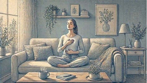 Calm adult woman sitting cross-legged on a sofa with eyes closed, practicing deep breathing as a grounding technique to manage ADHD overstimulation at home.
