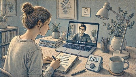 Adult writing a short to-do list with a kitchen timer set on the desk and a laptop showing a video call with a focused work partner.
