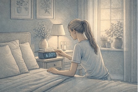 Person setting a morning alarm on a bedside clock in a calm, softly lit bedroom, illustrating the habit of maintaining a consistent wake time to regulate sleep.