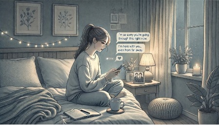 Person typing a calm, reassuring text message on their phone, actively supporting a friend experiencing a mental health crisis from a distance.