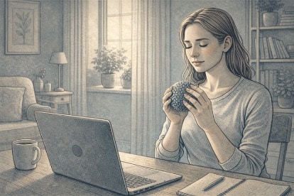 Woman at her desk practicing a 5-4-3-2-1 grounding exercise to stop ADHD zoning out in under a minute.