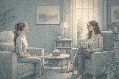 Woman sitting across from a therapist in a calm therapy office, engaged in a focused conversation as part of an outpatient trauma treatment session.