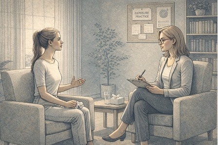 Person sitting across from a therapist in a calm, well-lit office, actively participating in an exposure and response prevention session to manage escalating OCD symptoms.