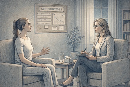 Person seated across from a therapist in a calm office setting, engaged in a focused conversation representing Cognitive Behavioral Therapy for Insomnia.