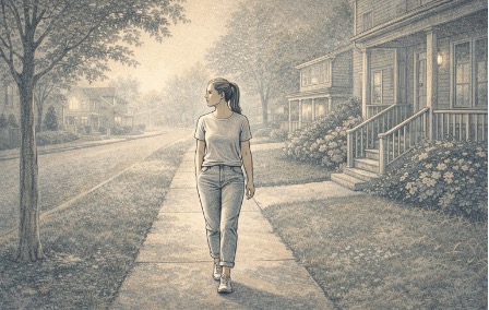 Person on a morning walk outdoors in a quiet neighborhood, taking a small but intentional step toward behavioral activation during a depressive episode.