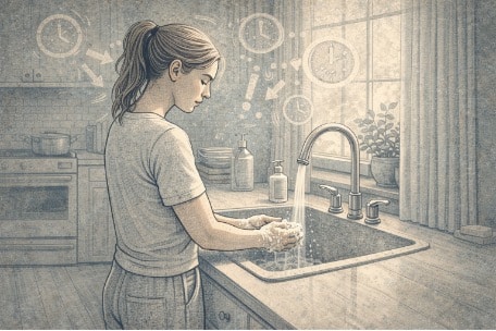 Person standing at a kitchen sink, compulsively washing their hands in a prolonged ritual, reflecting the way worsening OCD causes compulsions to take over daily routines.