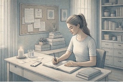 Person writing in a journal with a focused, steady expression, surrounded by a quiet and organized space, representing structured self-reflection as part of a trauma healing routine.