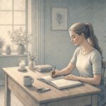 Adult sitting at a wooden desk writing in an open journal, looking reflective and calm, with soft natural light suggesting a moment of intentional self-care and emotional processing.
