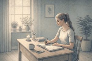 Adult sitting at a wooden desk writing in an open journal, looking reflective and calm, with soft natural light suggesting a moment of intentional self-care and emotional processing.