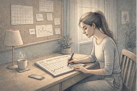 Person writing in a mood-tracking journal at a desk, logging daily emotional patterns to identify the onset of a bipolar depressive episode.
