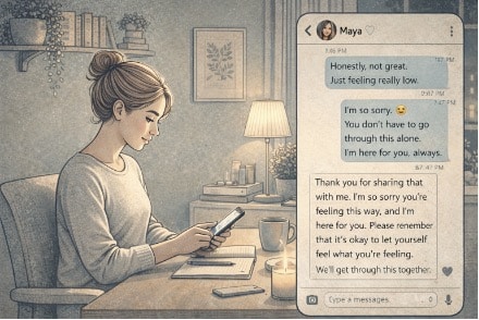 A person sitting at a desk typing a thoughtful, careful text message response, looking calm and focused while supporting someone in emotional distress.