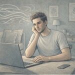 Young adult staring blankly at a laptop screen, illustrating how ADHD attention slips into zoning out mid-task.