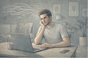 Young adult staring blankly at a laptop screen, illustrating how ADHD attention slips into zoning out mid-task.