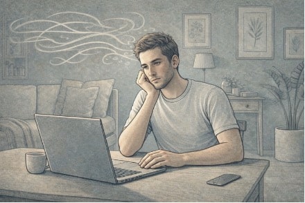 Young adult staring blankly at a laptop screen, illustrating how ADHD attention slips into zoning out mid-task.