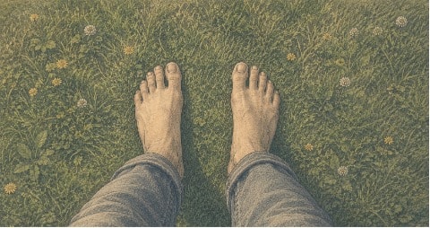 Man standing barefoot on the grass to ground himself 