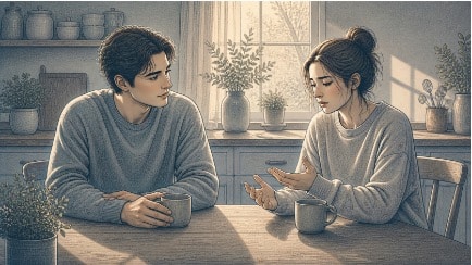 Adult son sitting calmly beside his mother at a kitchen table, listening attentively as she shares her feelings during trauma recovery.