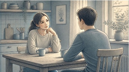 Calm adult sister speaking gently to her brother experiencing paranoid schizophrenia at a kitchen table, leaning slightly to the side with relaxed posture to ease tension.