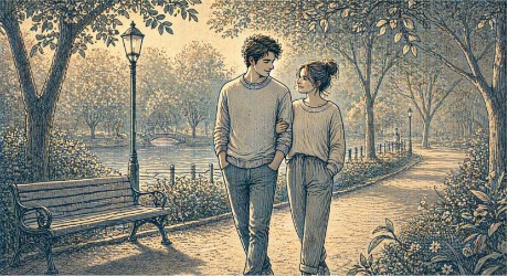 Young man and his partner walking slowly through a quiet park, demonstrating the kind of low-pressure connection that supports recovery from acute stress disorder.