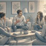Adult man with ADHD speaking energetically during a group conversation while others listen patiently around a coffee table.