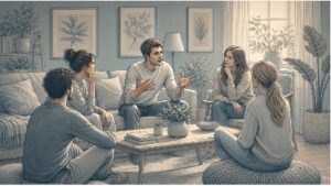 Adult man with ADHD speaking energetically during a group conversation while others listen patiently around a coffee table.